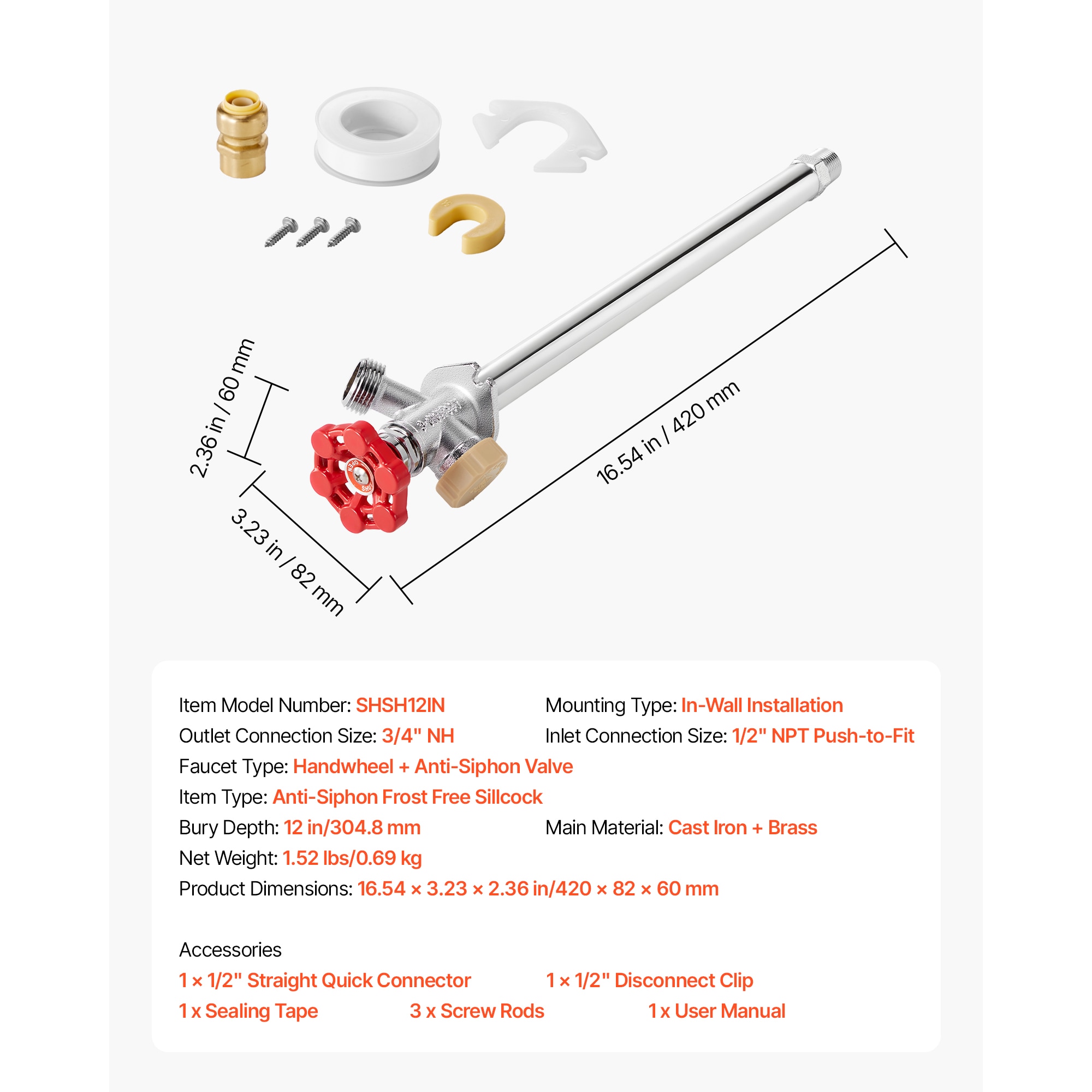Anti-Siphon Frost-Proof Sillcock, 12" Freeze Proof Outdoor Faucet Bib With Backflow Preventer, 1/2" Push-to-Fit Connector X 3/4" Hose Bibb, No Lead Frost-free Spigot For PEX Copper CPVC Pipes_maomaolike.com